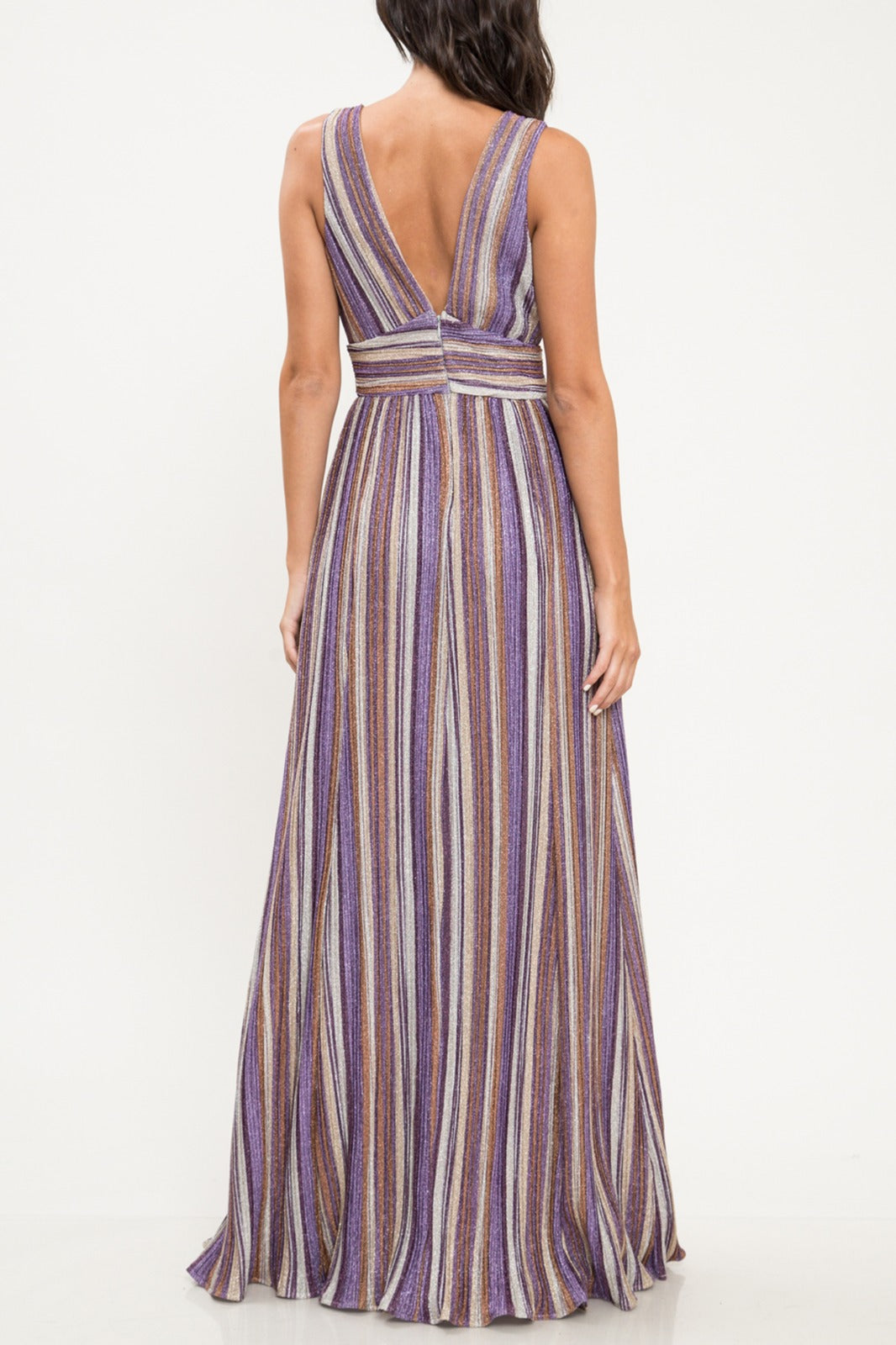 Fashion Purple Stripe Lurex V-Neck Maxi Dress