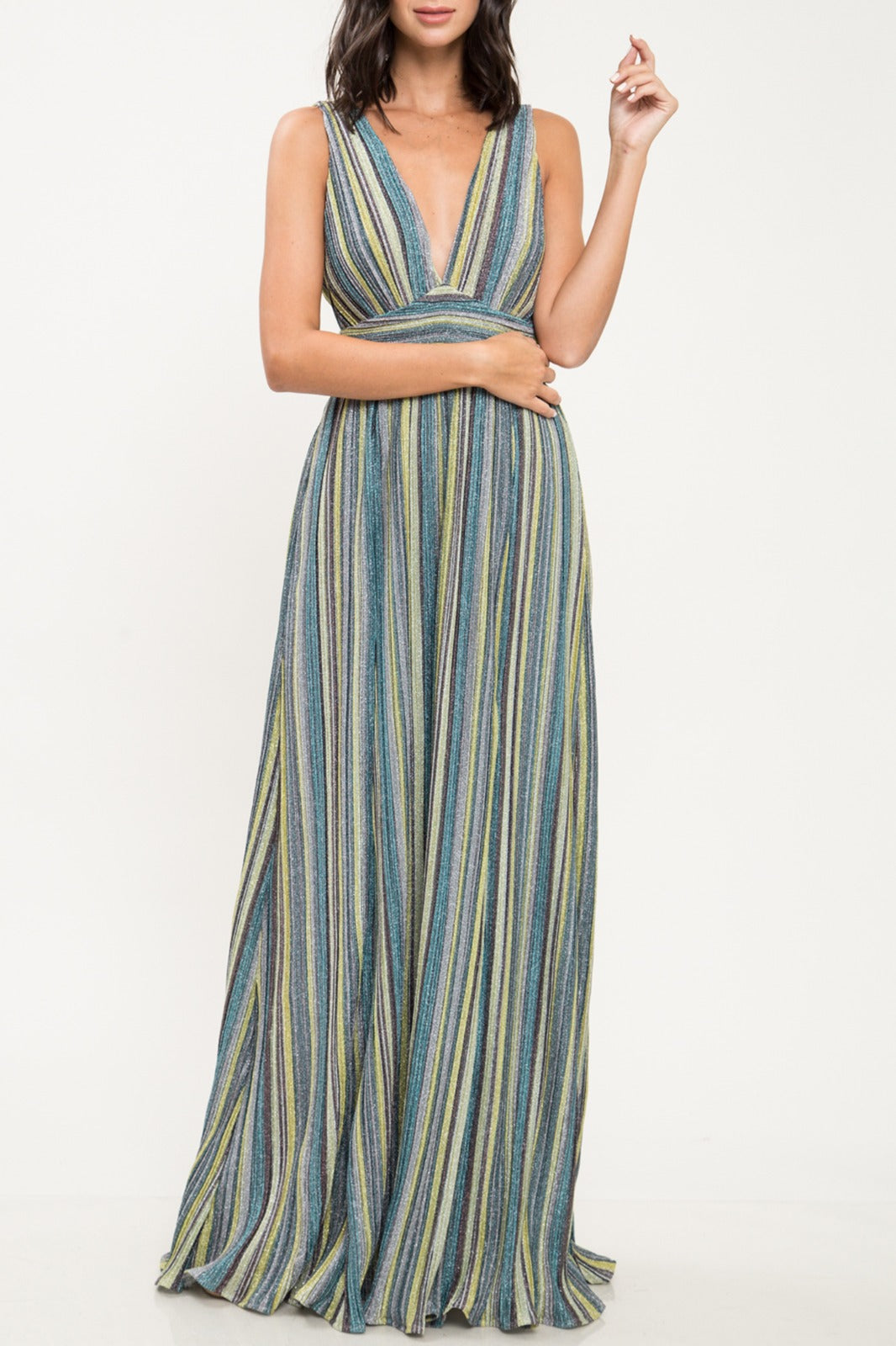 Fashion Green Stripe Lurex V-Neck Maxi Dress
