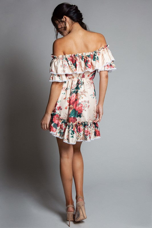 Elegant Off Shoulder Ruffle Multi-Color Floral Print Dress