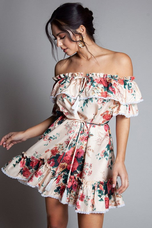 Elegant Off Shoulder Ruffle Multi-Color Floral Print Dress