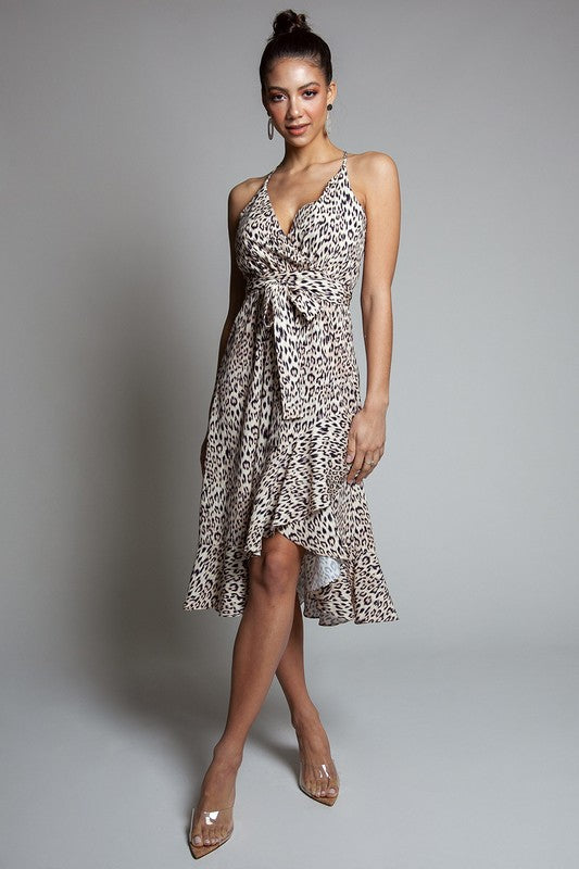 Elegant Strap Leopard Print Tie-Up Ruffle Dress
