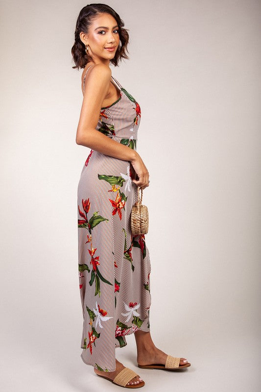 Fashion Summer Stripe Floral Print Multi-Color Wrap Maxi Dress