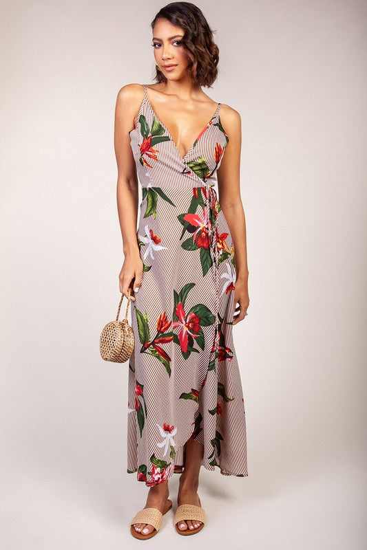 Fashion Summer Stripe Floral Print Multi-Color Wrap Maxi Dress