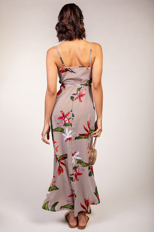 Fashion Summer Stripe Floral Print Multi-Color Wrap Maxi Dress