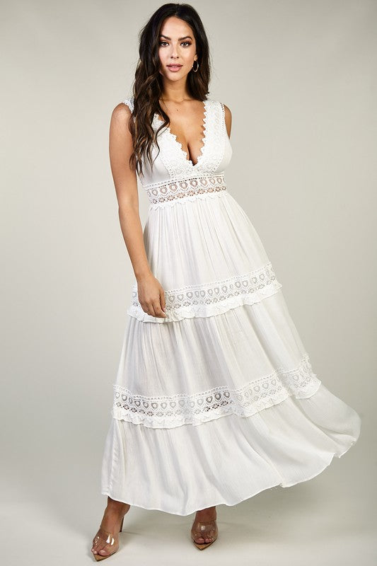 Elegant Summer White Lace Ruffle Deep V-Neck Maxi Dress