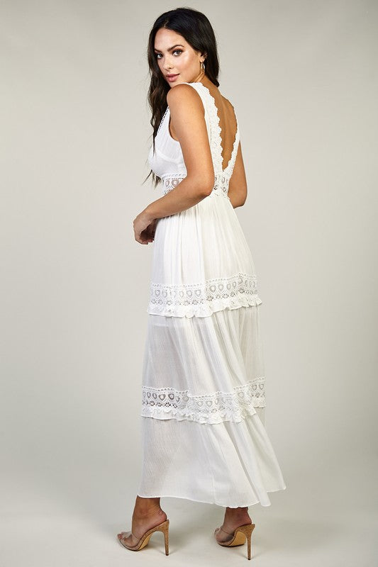 Elegant Summer White Lace Ruffle Deep V-Neck Maxi Dress