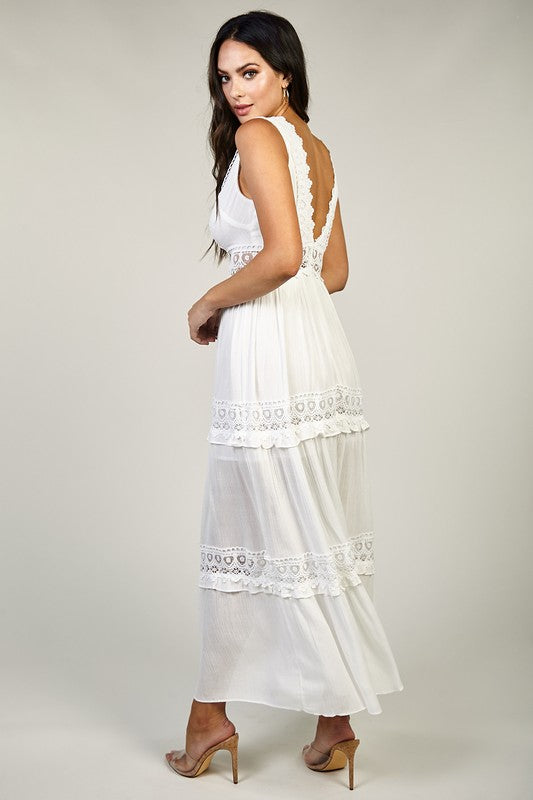 Elegant Summer White Lace Ruffle Deep V-Neck Maxi Dress EDITE MODE Elegant Summer White Lace Ruffle Deep V-Neck Maxi Dress EDITE MODE