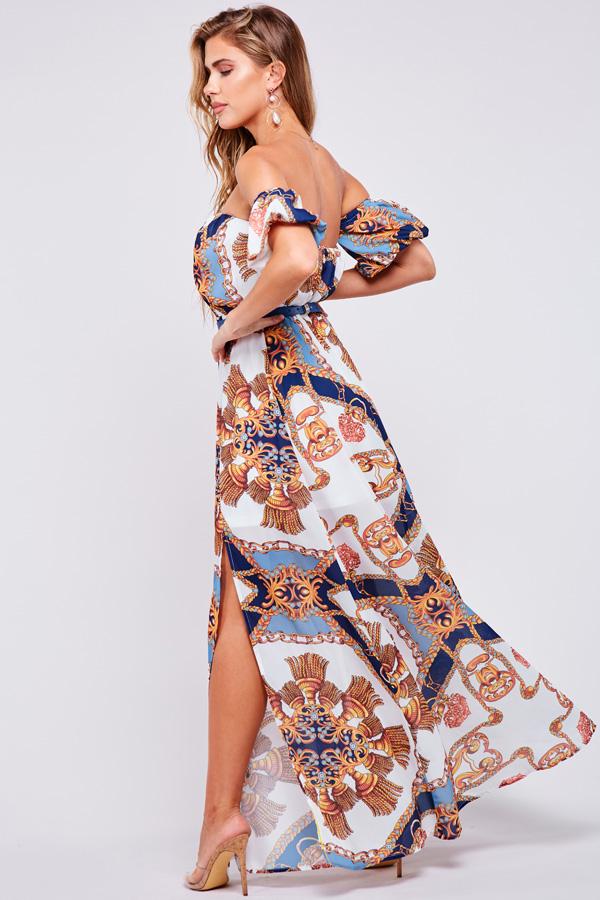 Elegant Off Shoulder White Detailed Multi-Color Print Maxi Dress with Slit