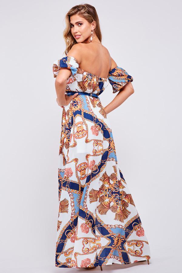 Elegant Off Shoulder White Detailed Multi-Color Print Maxi Dress with Slit