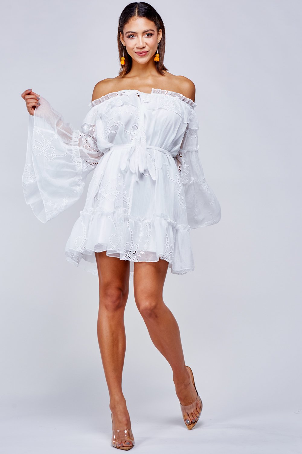 Elegant Off Shoulder White Floral Lace Tie-Up Dress