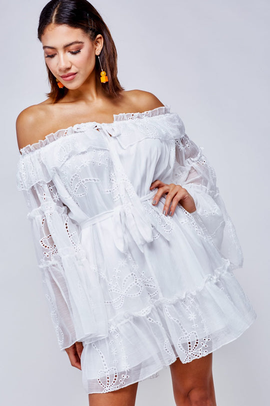 Elegant Off Shoulder White Floral Lace Tie-Up Dress