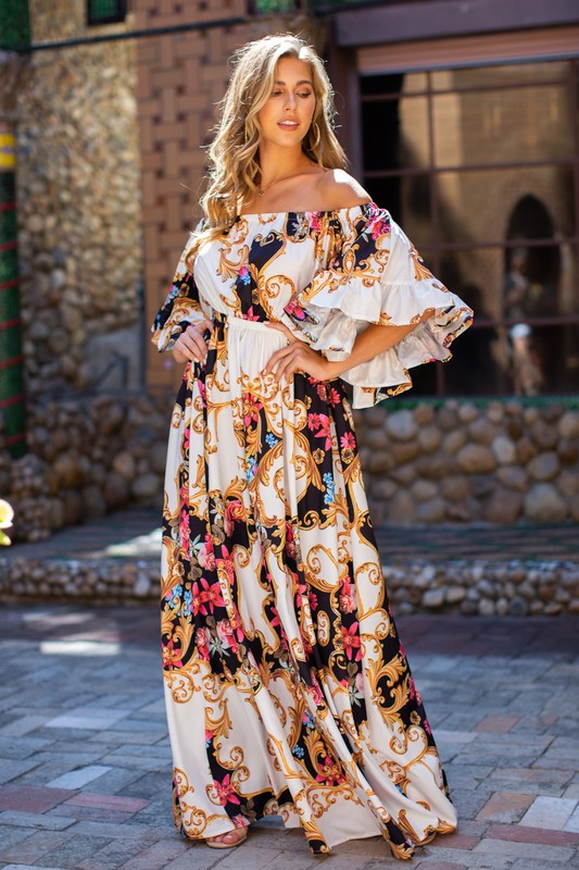 Fashion Off Shoulder Ivory Multi-Color Floral Print Ruffle Maxi Dress