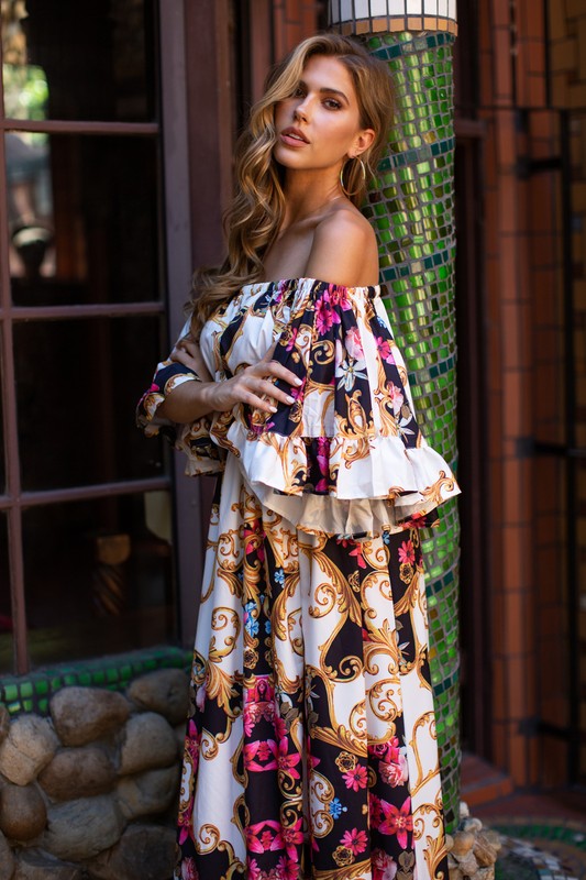 Fashion Off Shoulder Ivory Multi-Color Floral Print Ruffle Maxi Dress
