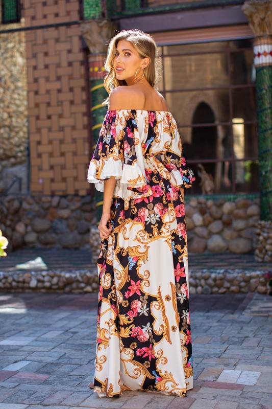 Fashion Off Shoulder Ivory Multi-Color Floral Print Ruffle Maxi Dress