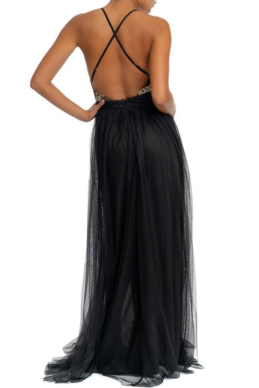 Elegant Black Multi-Color Floral Glitter Strap Deep V-Neck Maxi Dress
