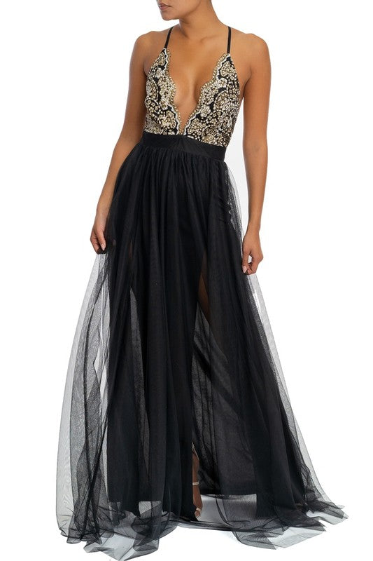 Elegant Black Multi-Color Floral Glitter Strap Deep V-Neck Maxi Dress