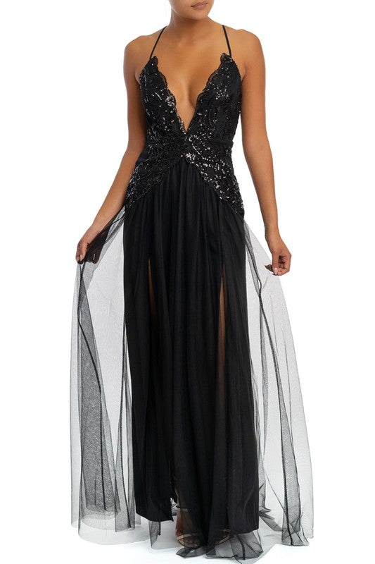 Elegant Fashion Black Sequence Strap Deep V-Neck Maxi Dress