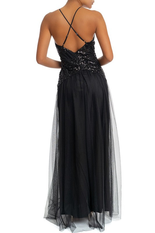 Elegant Fashion Black Sequence Strap Deep V-Neck Maxi Dress