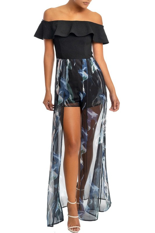 Elegant Off Shoulder Black Navy Floral Print Maxi Romper