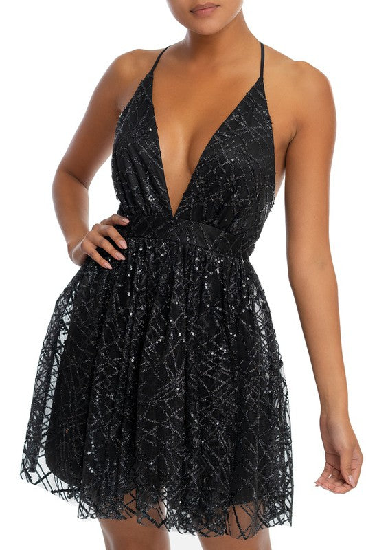 Elegant Black Glitter Layered Strap Deep V-Neck Ruffle Dress