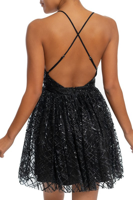 Elegant Black Glitter Layered Strap Deep V-Neck Ruffle Dress