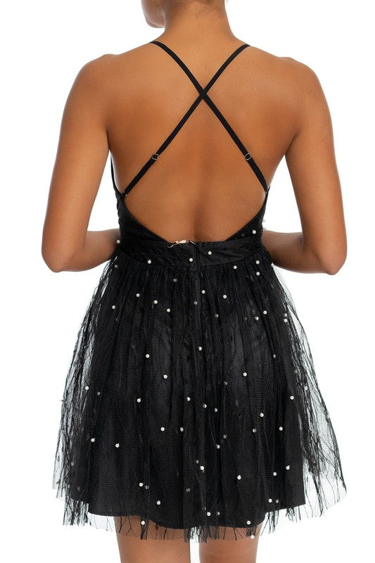 Elegant Black Lace Layered Pearl Detailed Strap Deep V-Neck Ruffle Dress