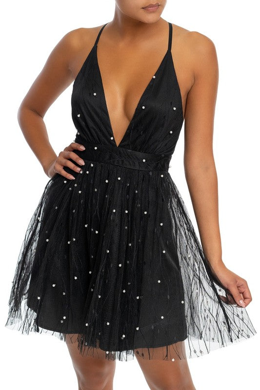 Elegant Black Lace Layered Pearl Detailed Strap Deep V-Neck Ruffle Dress