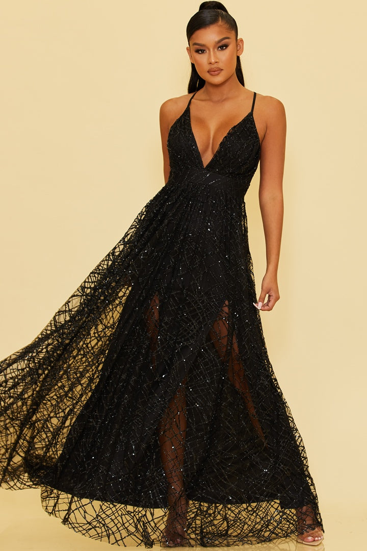Elegant Black Glitter Layered Strap Deep V-Neck Gown