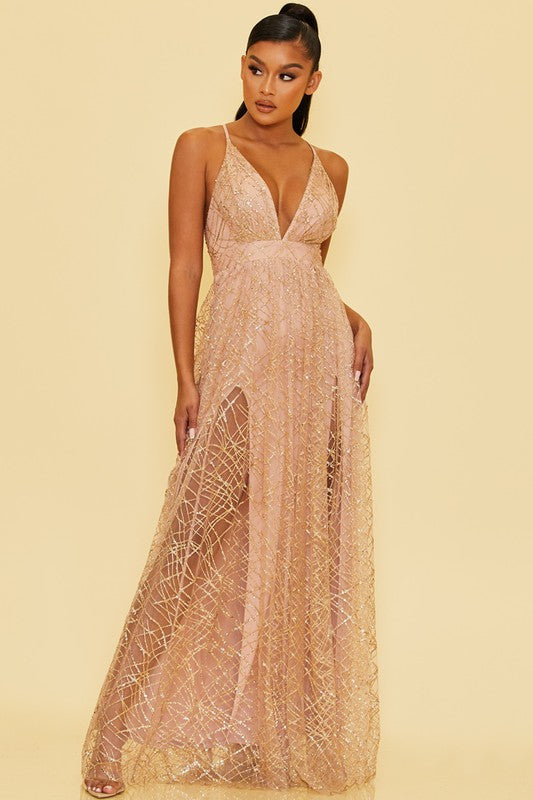 Elegant Rose Gold Glitter Layered Strap Deep V-Neck Gown