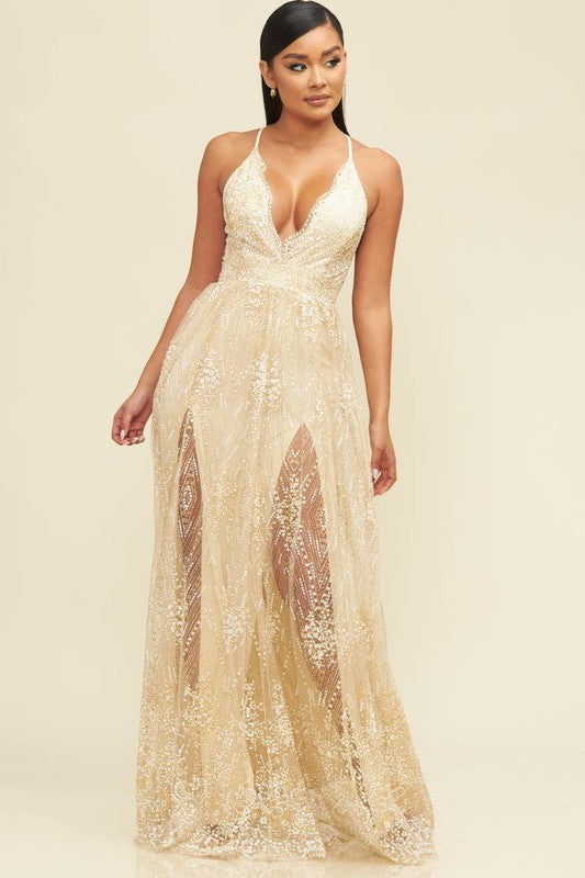 Elegant Ivory Multi-Color Floral Glitter Strap Deep V-Neck Gown