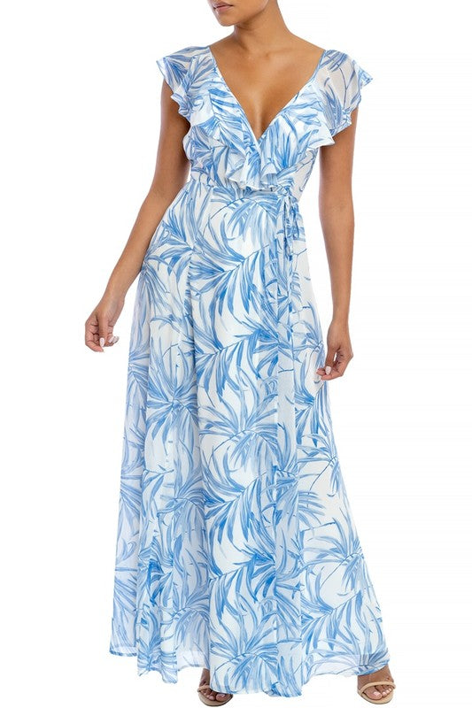 Elegant Light Blue Leaf Print Wrap Ruffle Strap Maxi Dress