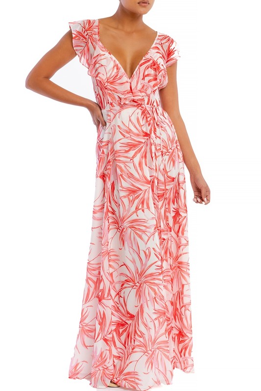 Elegant Light Red Leaf Print Wrap Ruffle Strap Maxi Dress