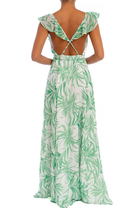 Elegant Light Green Leaf Print Wrap Ruffle Strap Maxi Dress