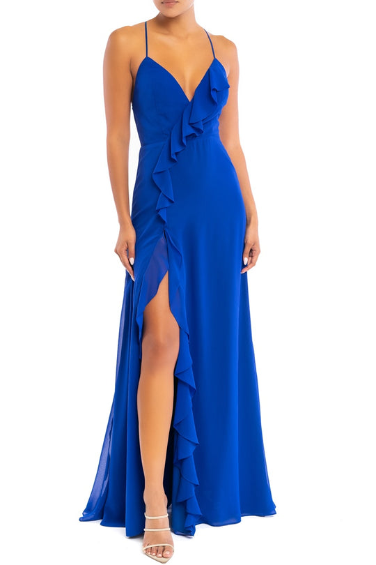 Fashion Strap Ruffle Royal Blue Maxi Dress with Middle Slit