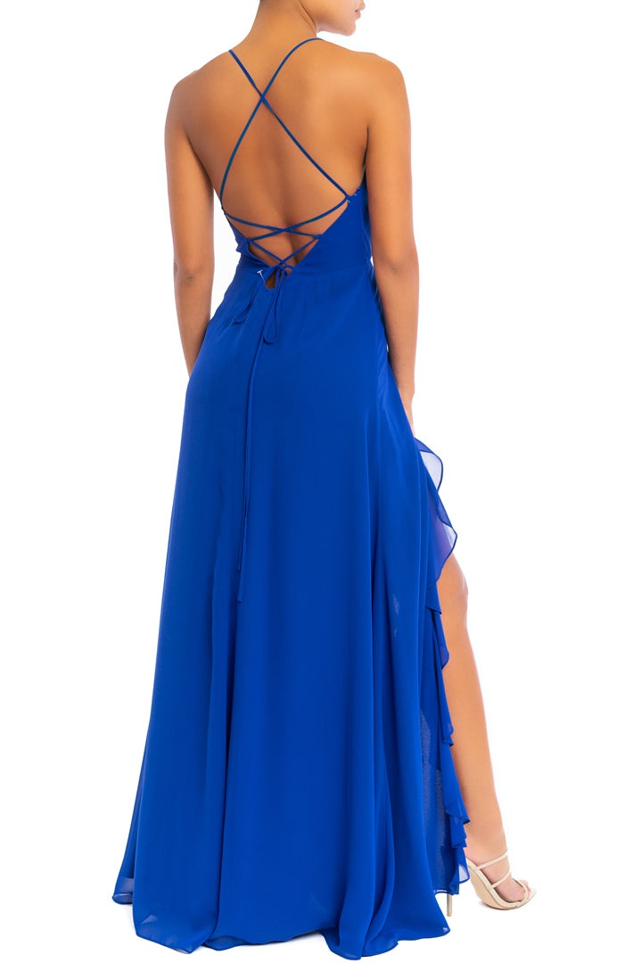 Fashion Strap Ruffle Royal Blue Maxi Dress with Middle Slit