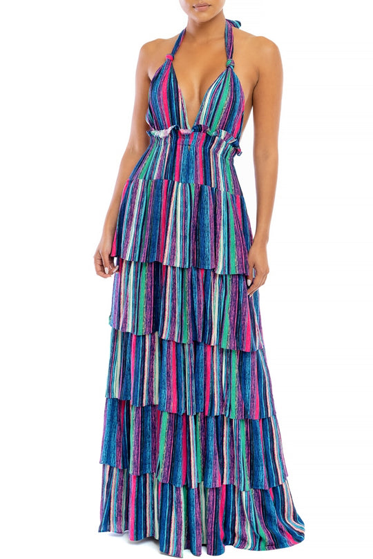 Fashion Blue Multi-Color Marine Ruffle Halter V-Neck Maxi Dress