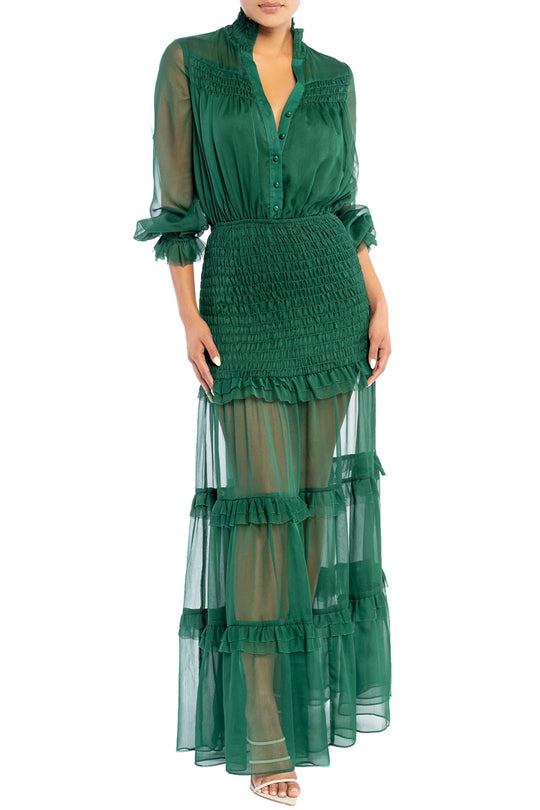 Elegant Hunter Green Button Down Elastic Ruffle Maxi Dress with Long Sleeve