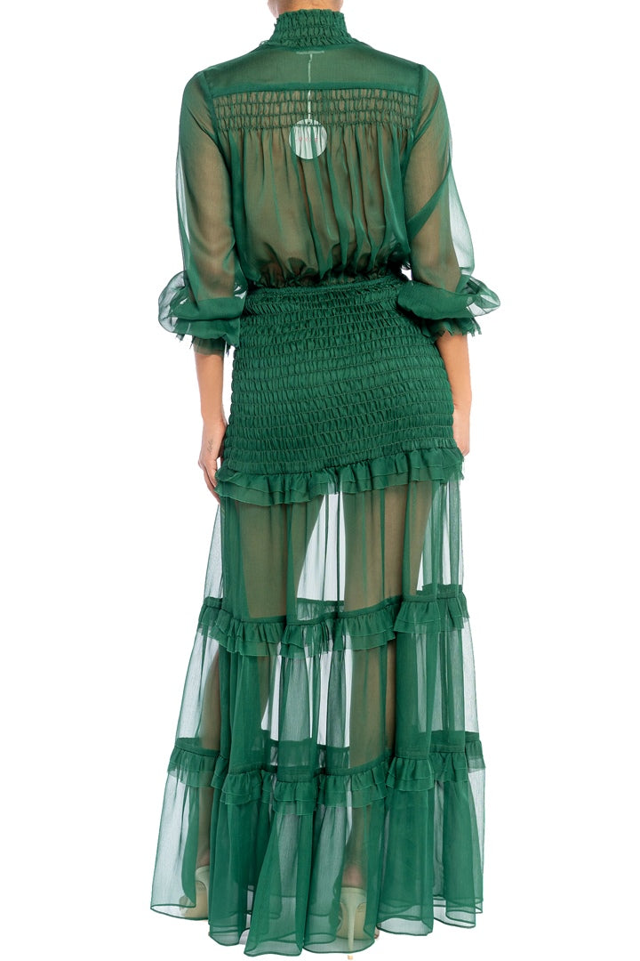 Elegant Hunter Green Button Down Elastic Ruffle Maxi Dress with Long Sleeve