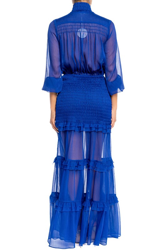 Elegant Royal Blue Button Down Elastic Ruffle Maxi Dress with Long Sleeve