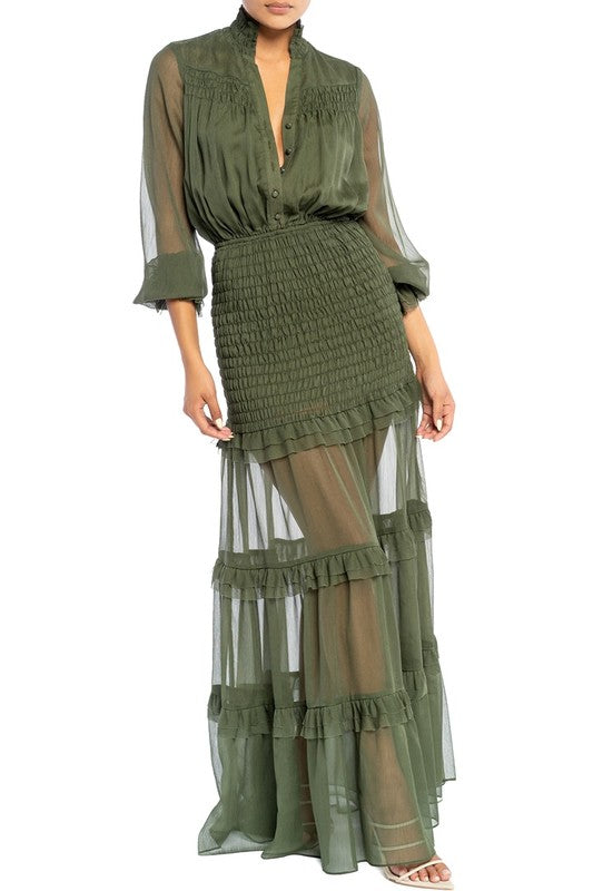 Elegant Olive Green Button Down Elastic Ruffle Maxi Dress with Long Sleeve