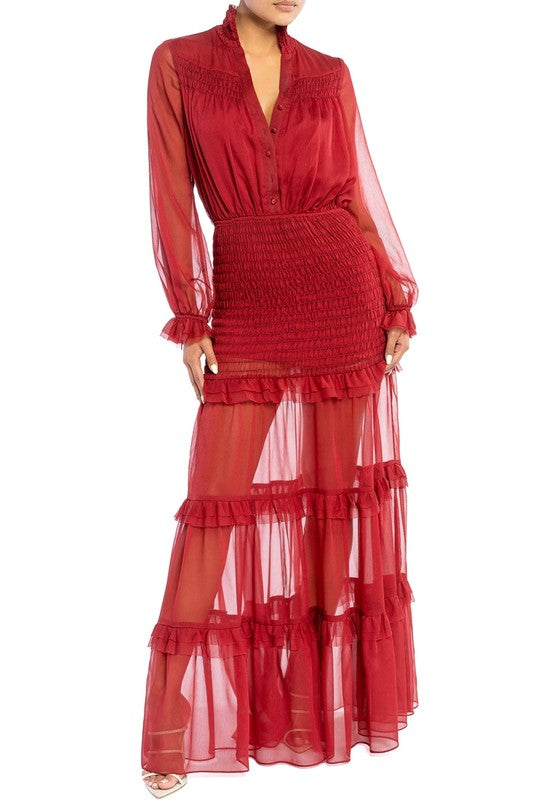 Elegant Wine Button Down Elastic Ruffle Maxi Dress with Long Sleeve
