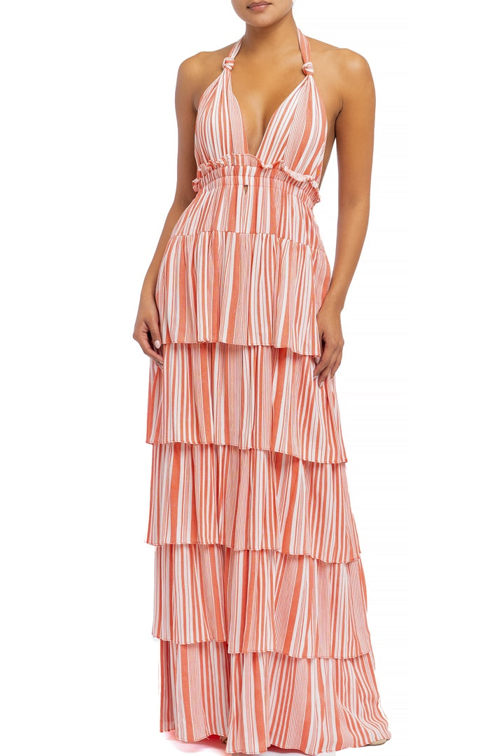 Fashion Summer Orange Marine Ruffle Halter V-Neck Maxi Dress