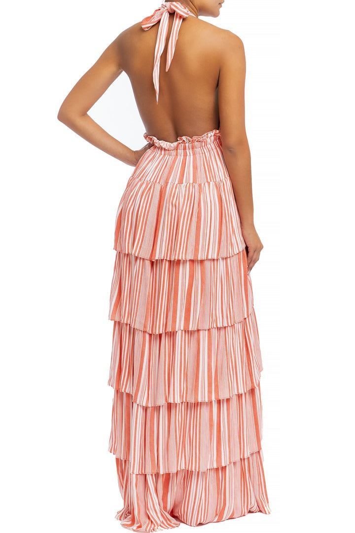 Fashion Summer Orange Marine Ruffle Halter V-Neck Maxi Dress