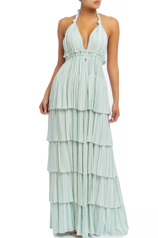 Fashion Summer Mint Marine Ruffle Halter V-Neck Maxi Dress