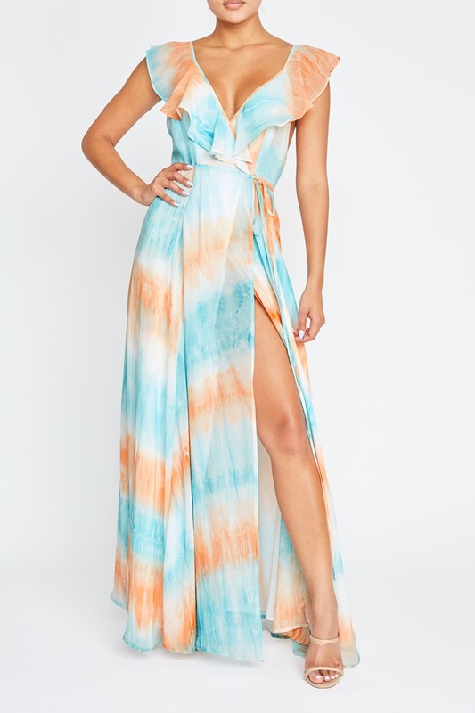 Elegant Orange Multi-Color Wrap Ruffle Strap Maxi Dress
