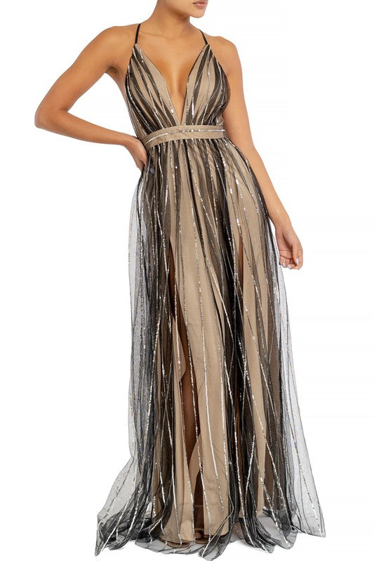 Elegant Black Nude Silver Sequence Glitter Strap Deep V-Neck Gown Dress