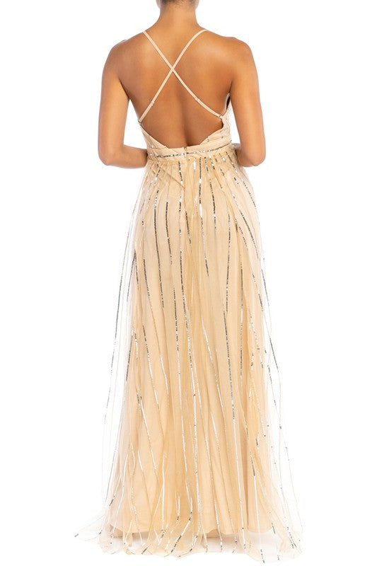Elegant Nude Silver Sequence Glitter Strap Deep V-Neck Gown Dress