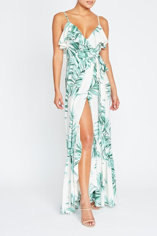 Elegant White Green Tropcal Print Wrap Ruffle Strap Maxi Dress