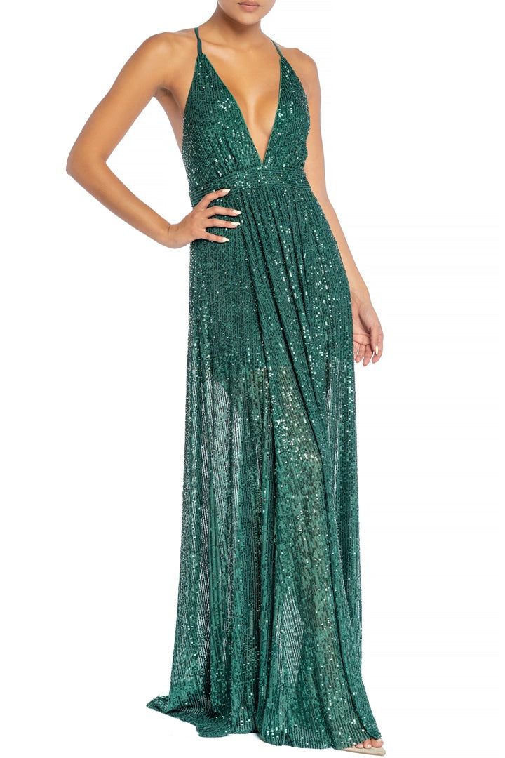 Elegant Green Sequence Strap Deep V-Neck Gown Dress