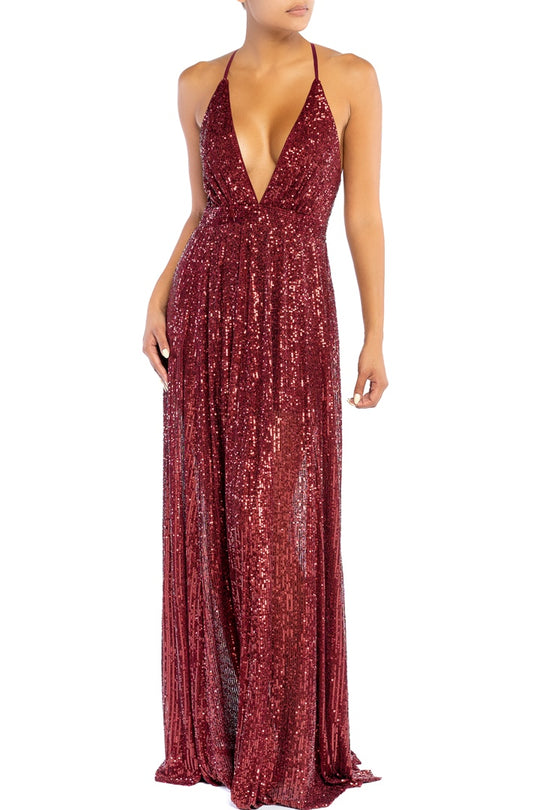 Elegant Wine Sequence Strap Deep V-Neck Gown Dress